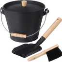 GameXcel Ash Bucket with Lid and Shovel Hand Broom - 1.5 Gallon Galvanized Iron Metal Fireplace Tools Ash Pail for Fire Places Fire Pits Wood Burning Stoves Hearth Accessories Indoor Outdoor, Black