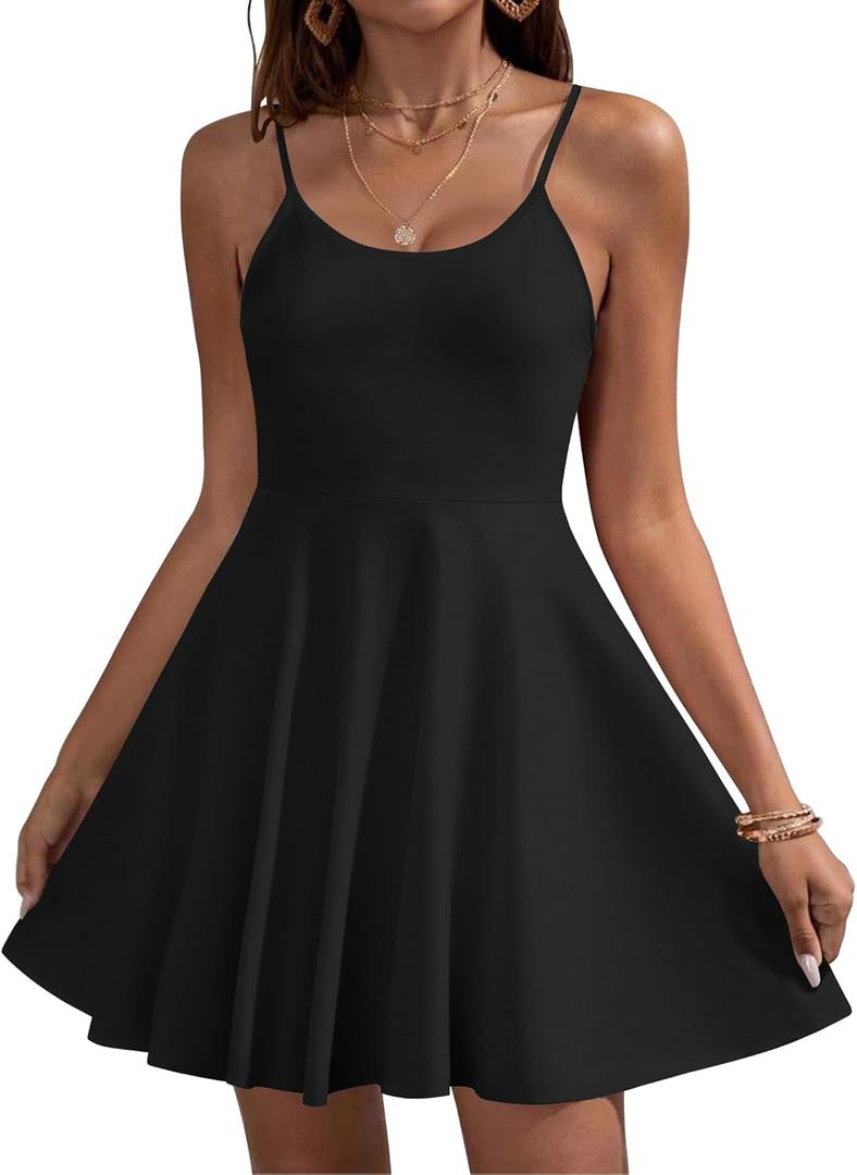 HOTOUCH Women's Summer Dress Adjustable Spaghetti Strap Floral Mini Casual Dress with Pockets Fit & Flare Beach Sundress (Black, S)