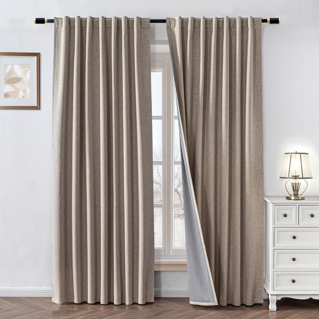 100% Blackout Curtains 90 inch Length 2 Panels Faux Linen Long Drapes for Bedroom Living Room Black Out Room Darkening Curtain Thermal Insulated Back Tab Rod Pocket(W52 x L90, Light Beige)