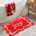 16x24 Inch Holiday Door Mat, Bath Rug, Non-Slip Xmas Bath Rug TPR Rubber Backed, Soft Long Pile Absorbent Bathroom Rug with "JOY", Festive Door Mat for Bathroom, Kitchen, Winter, New Year Decor