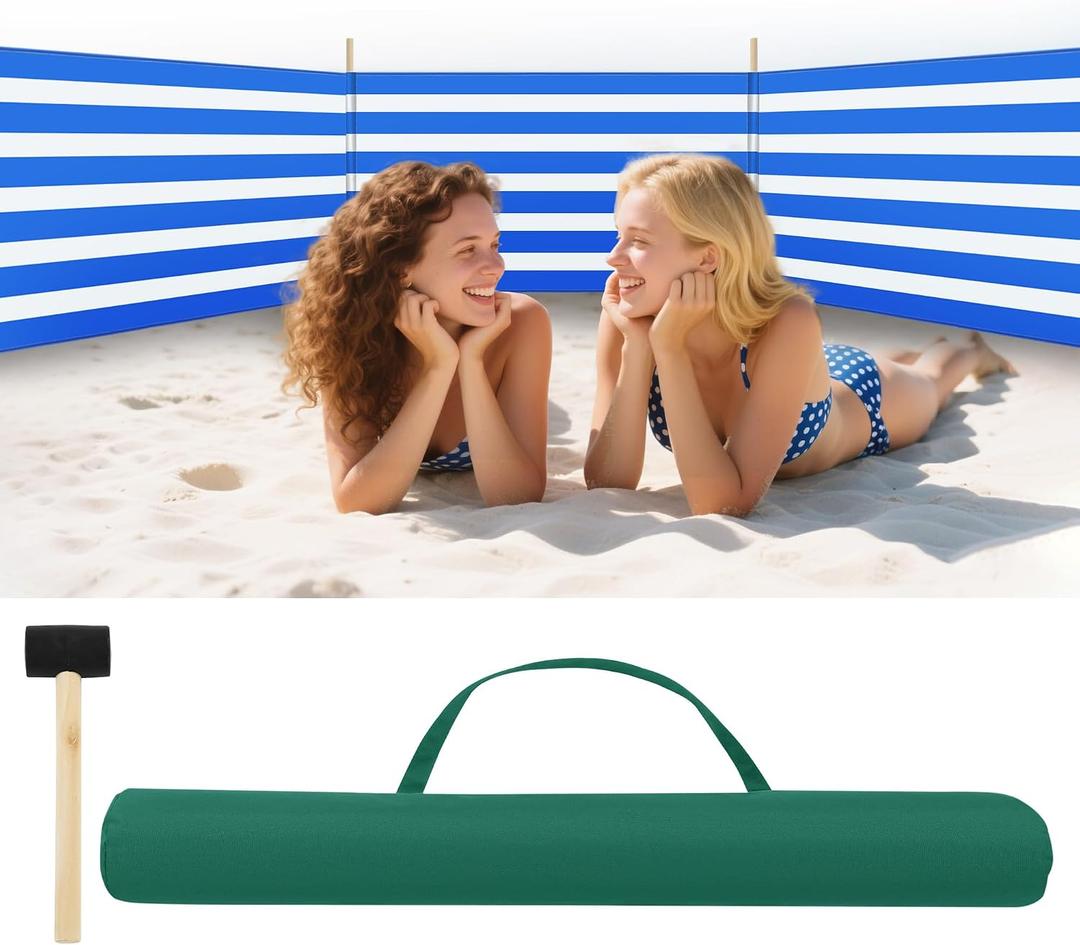 MABOZOO 20ft Beach Windscreen Set, Blue White Beach Fence Wind Blocker with 6 Hardwood Poles, Rubber Mallet and Carry Bag, Sunbathing Privacy Screen for Sand, Sun, Wind, 240 inches
