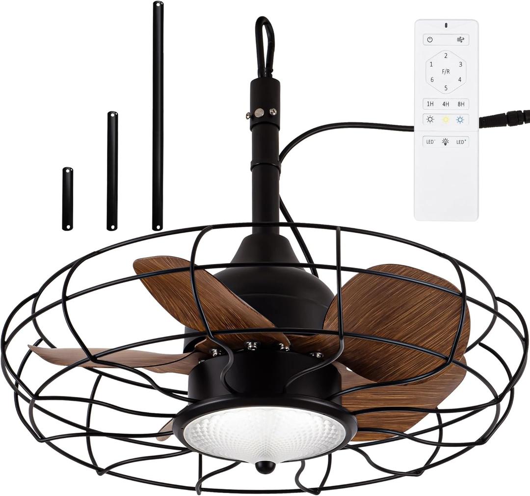Ceiling Fan with Lights, 20'' Outdoor Waterproof Plug In IP65 Gazebo Fan, Wet Rated Dimmable LED 3 Color Lighting with Remote, Easy Hanging with Hook for Indoor, Patios, Pergola, Garage, Deck, Coastal (20 Inch, Hook Installation)