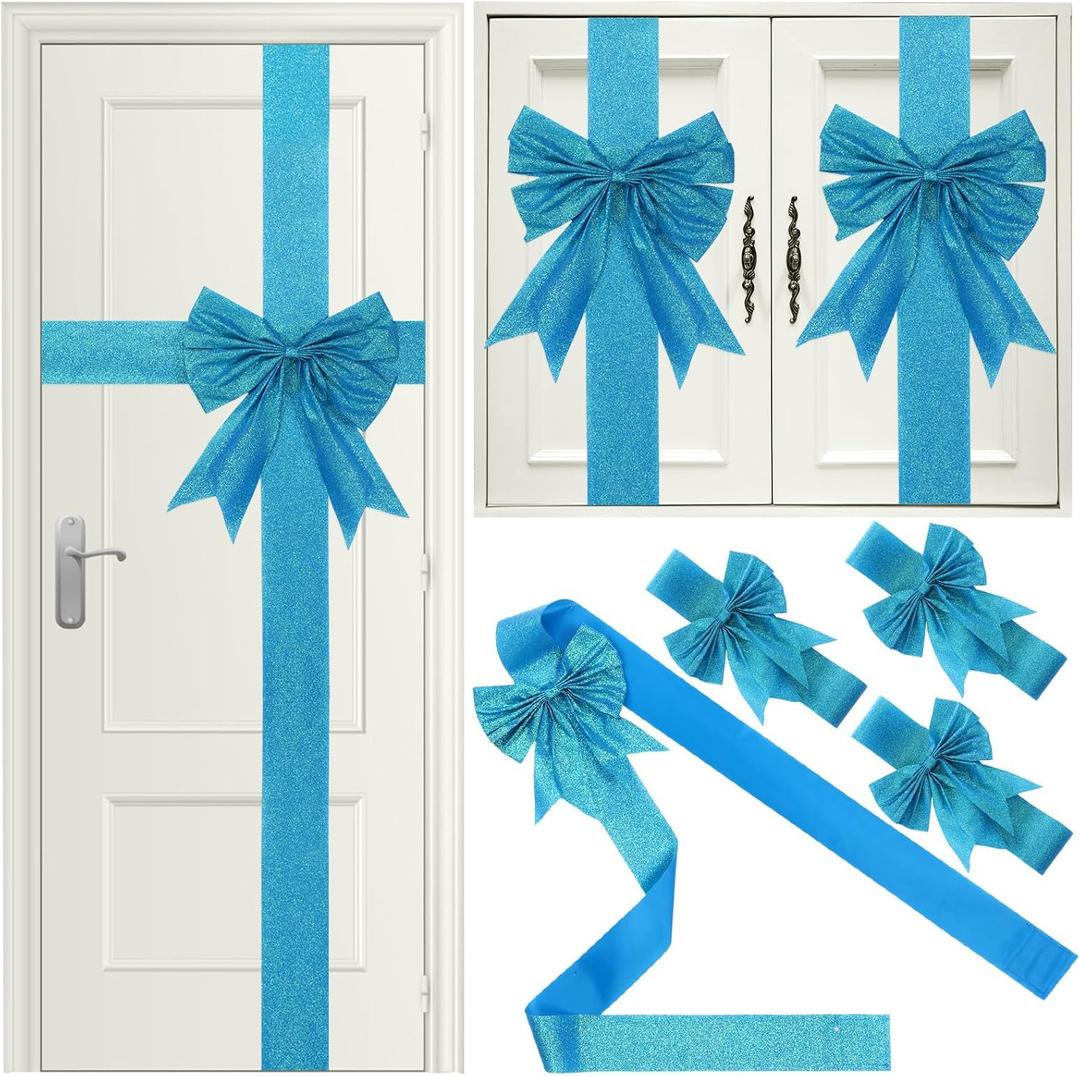 Ganeen 7 Pieces Christmas Cabinet Door Ribbon Bow Large Christmas Festive Ribbons Cabinet Bows Xmas Tree Wreath Bow (Blue)