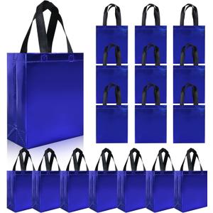 cabzymx 18 pcs Glossy Blue Small Gift Bags, 8 x 3.9 x 9.8 In Reusable Goodie Bag Bulk with Sturdy Base, Non-woven Holiday Gift Bags for Birthday, Wedding, Party, Easter