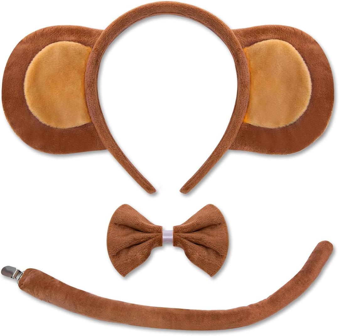 Monkey Ears and Tail Set, Monkey Costume Headband Accessory for Adult Halloween Animal Cosplay Set