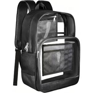 BrillaraSymn Heavy Duty Clear Backpack, Sturdy Fabric Clear Bookbag for School, Transparent PVC & Oxford Backpacks with Privacy Pocket for College Work Travel Security, Black