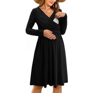 OUGES Womens 2025 V-Neck Maternity Nursing Breastfeeding Baby Shower Dress Long Sleeve Fall Clothes with Pockets (Medium)