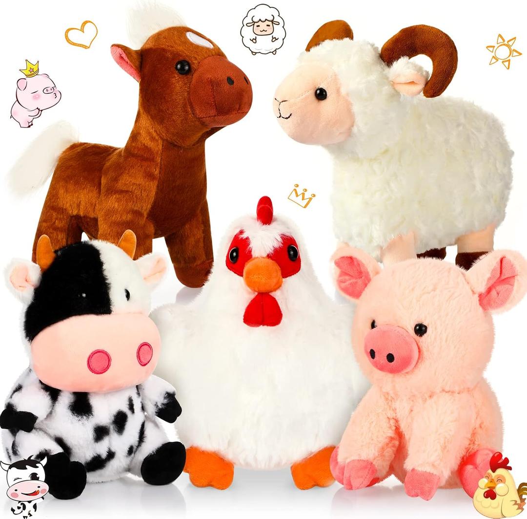 Skylety 5 Pack Farm Plush Animals Set 10 Inches Plush Farm Stuffed Animals Barnyard Stuffed Toys Soft Pig Rooster Horse Sheep Cow Plush Toy for Birthday Party Favor(Mixed Style)