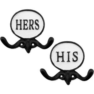 AuldHome Design His and Hers Towel Hooks (Set of 2); Cast Iron Rustic Farmhouse Decor Door Wall Hangers (Black and White)