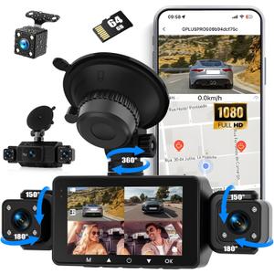 360 4 Channel 1080P Dash Cam Front and Rear Inside,3 Dash Camera for Cars Car Camera with WiFi,APP Control,IR Night Vision,Loop Recording,G-Sensor,Parking Assistance,24H Parking Monitor+64G SD