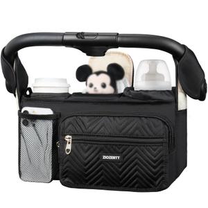 Universal Stroller Organizer with Insulated Cup Holders,Large Capacity Non-Slip Stroller Caddy Bag Fits for Uppababy/Doona/Jogger/Britax/Mompush/BoB with Anti-Sag Hard Bottom and Wet Wipes Pocket (Single, Black)