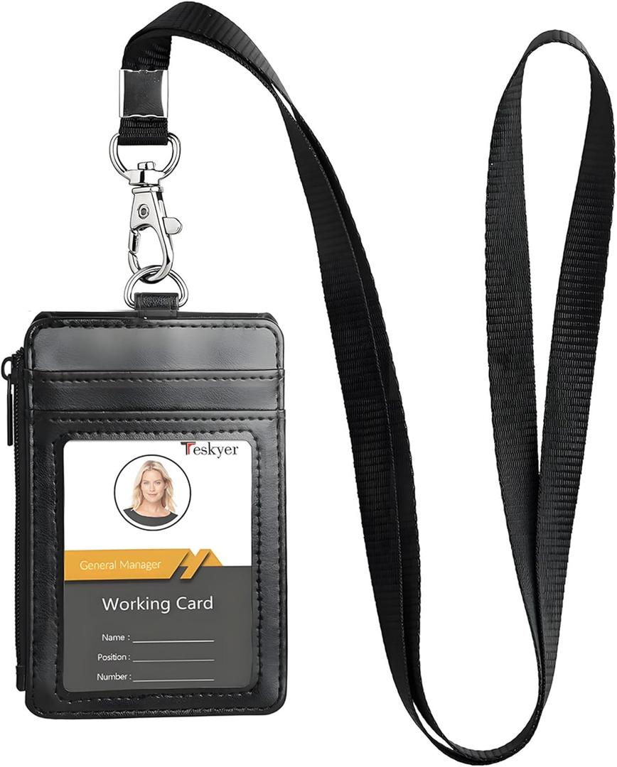 Teskyer ID Badge Holder with Lanyard, 1 Zip Pocket and 4 Card Slots, Lanyard ID Card Holder Wallet for Office School Work Badges, Cruise Ship Cards, Hotel Key Cards, Pass Cards - Black (3.1" x 4.7")