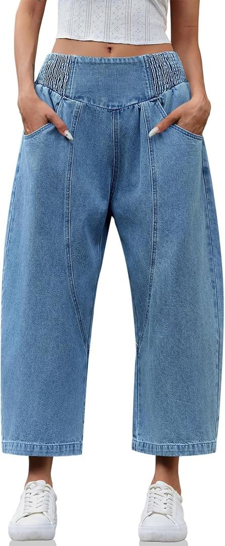 Cicy Bell Womens Wide Leg Cropped Jeans Baggy Boyfriend Mid Denim Pants | Rise Harem,High Elastic Smocked Waistband,Loose Fit (Gray) 6