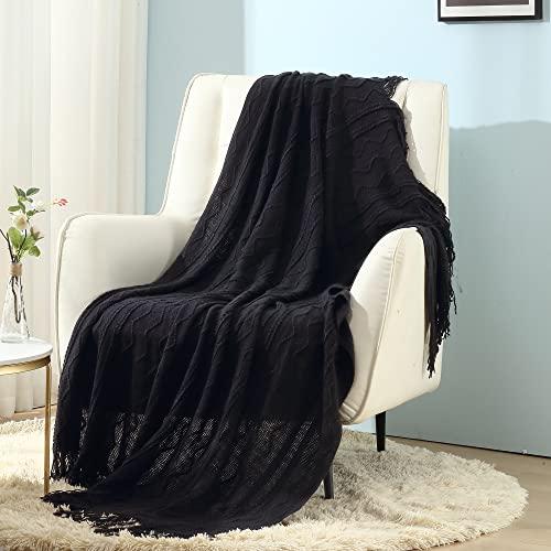 CREVENT Knitted Decorative Throw Blanket for Couch Sofa Chair Bed，Soft Warm Cozy Light Weight for Spring Summer (50''X60'' Black)