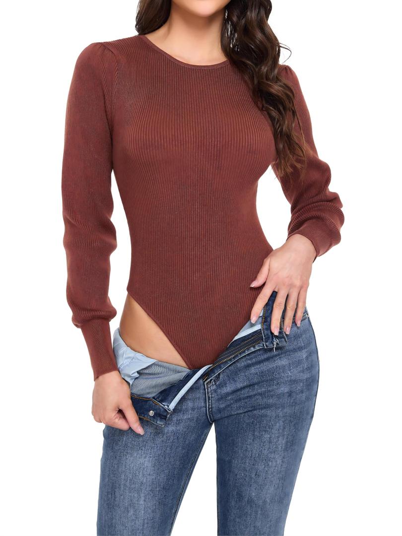 Women's Ribbed Knit Bodysuit Long Sleeve Crew Neck Thong Style Viscose Polyamide Polyester Soft Jersey Stretchy Basic Sexy Top Slim Fit Rayon Ruffle Going Out Tee Shirts Brown 2026 for Juniors (L)