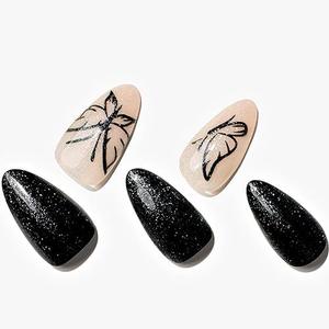 GLAMERMAID Press on Nails Almond,Black Gel False Nails with Design,24 PCS Glue on Nails,Reusable Acrylic Stick on Nails Tips Manicure Set for Women,Butterfly Imprint 2 Pack