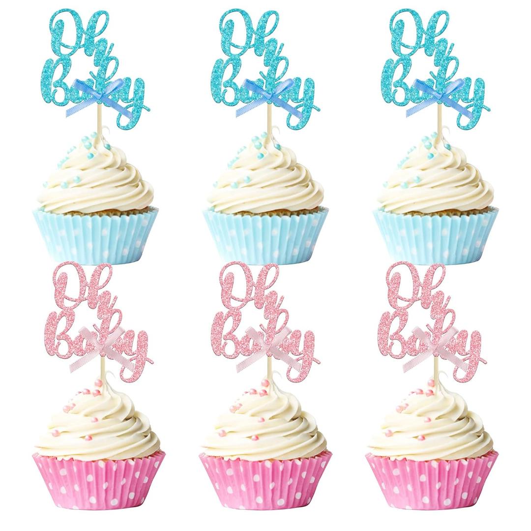 Gyufise 36Pcs Oh Baby Cupcake Toppers Pink Blue Bow Glitter Baby Shower Gender Reveal Cupcake Picks for Boy or Girl Theme Baby Shower Kids Birthday Party Cake Decorations Supplies (B Multi)