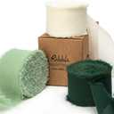 Ribbli Green Chiffon Ribbon1.5 inch x 30 Yard Handmade Silk Ribbon for Wrapping,Ivory Sage Forest Green Fringe Chiffon Ribbon for Wedding Invitations, Bridal Bouquets, Flower Arrangement Decoration