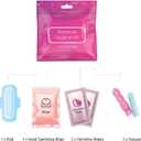 60-Pack Bulk Menstrual Care Kits - Individually Wrapped Packs with Tampon, Maxi Pad, Feminine Wipes & Alcohol Hand Wipe - for Schools, Government Agencies, Shelters & Charities - Assorted Colors