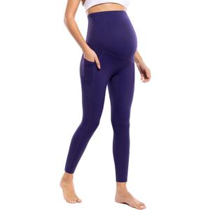 POSHDIVAH Maternity Workout Leggings with Pockets Ultra Soft Yoga Pants | Over The Belly,High Rise,Gentle Compression,No Front Seam,Bump Support,Breathable,Pregnancy To Postpartum Activewear (Blue, S)