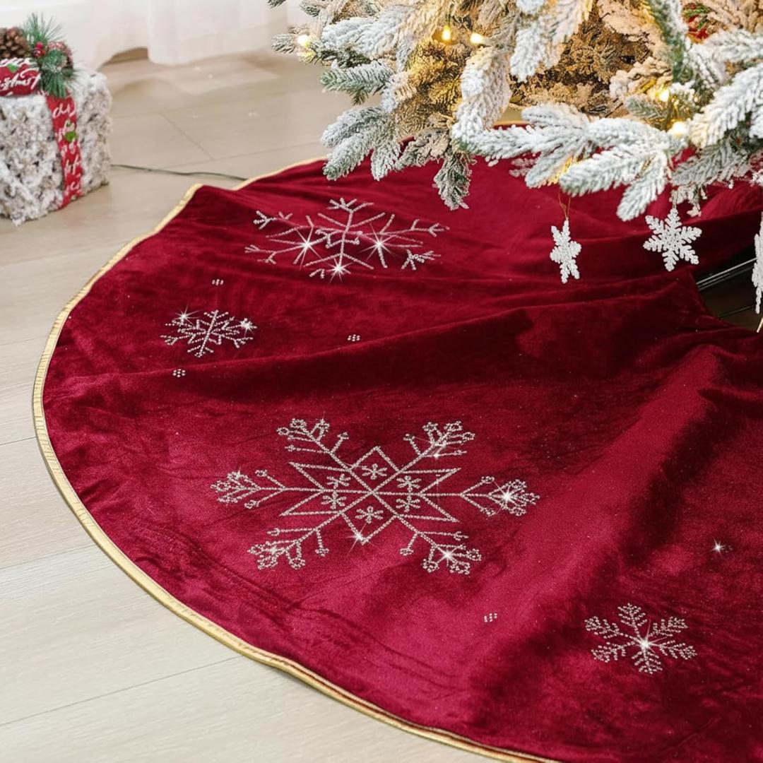 Velvet Christmas Tree Skirt 48 Inch with Gold Snowflake Rhinestone Embellishments, Luxury Fur Plush Tree Skirt Holiday Decor for Xmas, Vintage Festive Style (Burgundy)