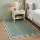 GarveeHome 3x5 Scalloped Washable Area Rug for Bedroom,Soft Sage Green Entryway Rug Non Slip Low Pile Carpet Stain Resistant Throw Rug for Bedside Kids Room Office Dining Room