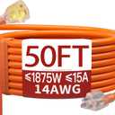 50 FT 14/3 Extension Cord Outdoor, Heavy Duty Weatherproof & Flame Retardant Orange 3 Prong Power Cord with Light, Outside for Lawn & Garden, 15 Amps 1875 Watts 125 VAC 14AWG SJTW, ETL Listed