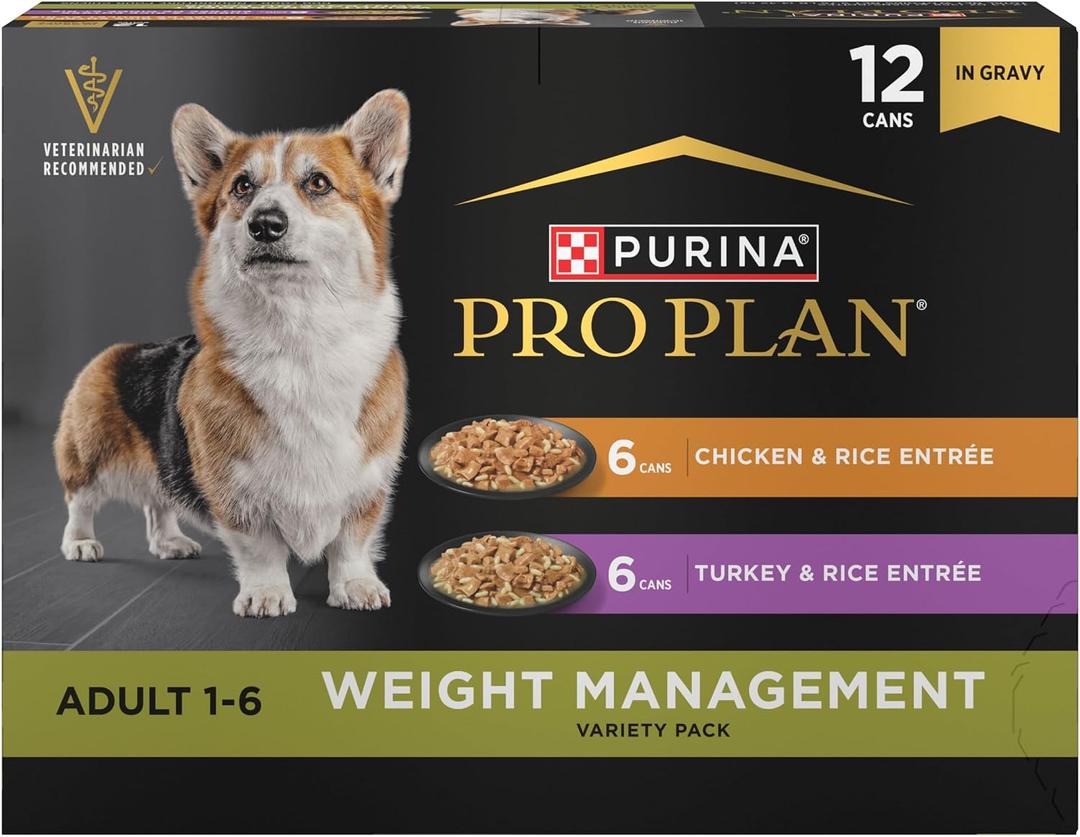 Purina Pro Plan Specialized Weight Management Wet Dog Food Chicken and Rice Entree and Turkey and Rice Entree in Gravy Variety Pack - (Pack of 12) 13 oz. Cans (EXP 01/01/28)