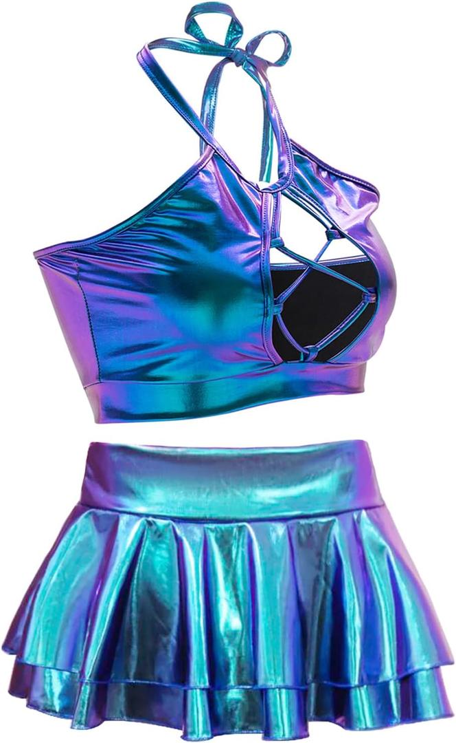 SFBBCLOZ Women's Rave Outfit Sets For Women Festivals 2 Pcs Metallic Tops Skirt EDM Party Club Holographic Rave Outfits Blue M