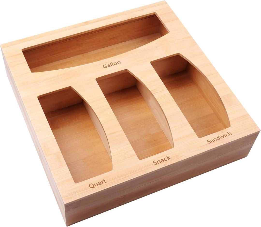 Ziplock Bag Organizer for Kitchen Plastic Bag Storage, Premium Bamboo Organizer, Food Storage Bag Holders for Gallon, Quart, Sandwich and Snack Variety Size Bag