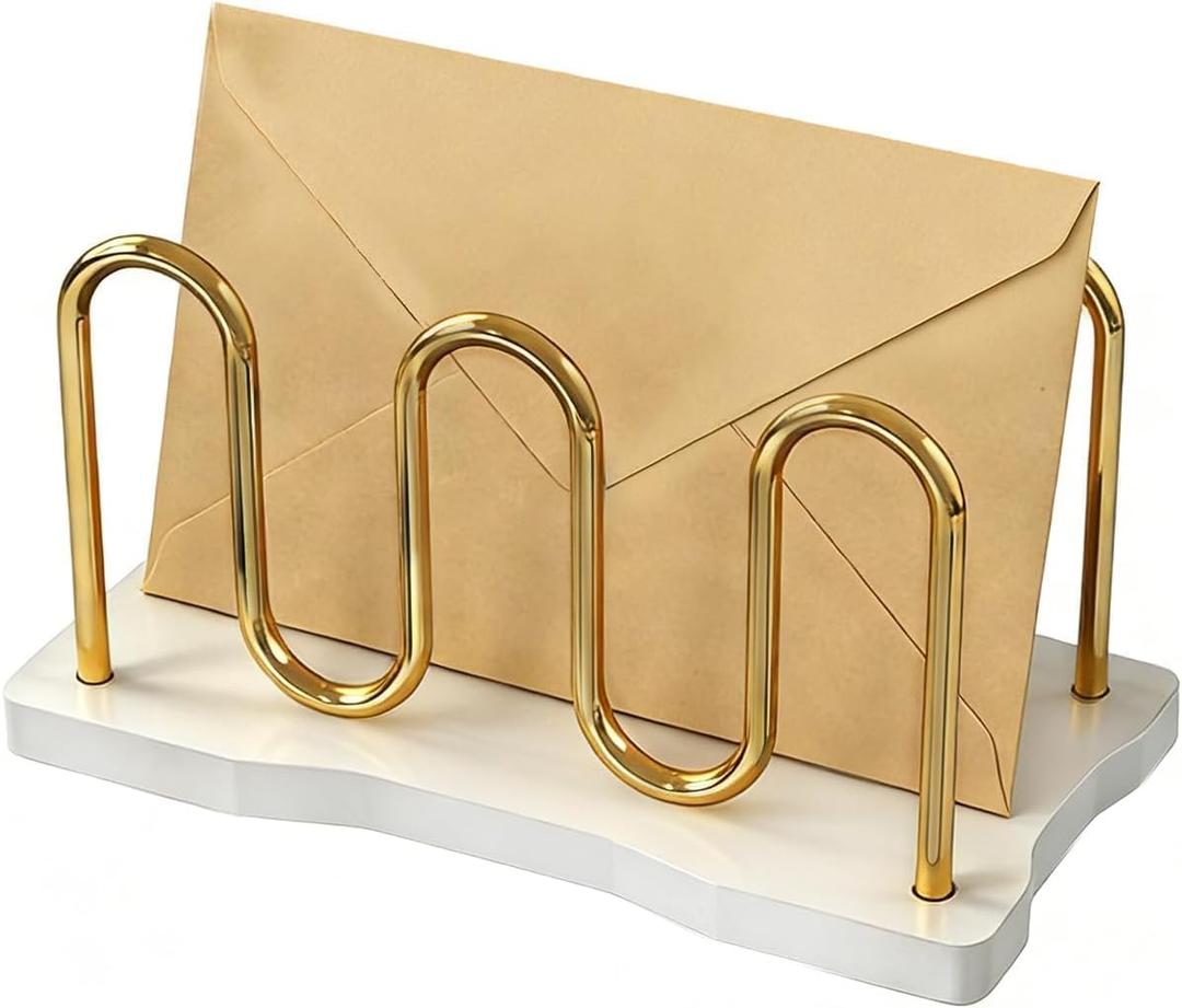 Mail Holder Organizer Countertop, Metal Mail Sorter for Desk, Cutout Mail Storage Bills Organizer Letter Tray Design with Bamboo Base for Home Office (White)
