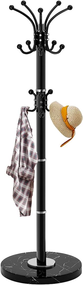Metal Heavy Duty Coat Rack Stand, Modern Freestanding Coat Rack with Natural Marble Base, 360 Roraty Coat Racks with 16 Hooks, Black Coat Hall Tree Hanger Stand for Entryway, Office