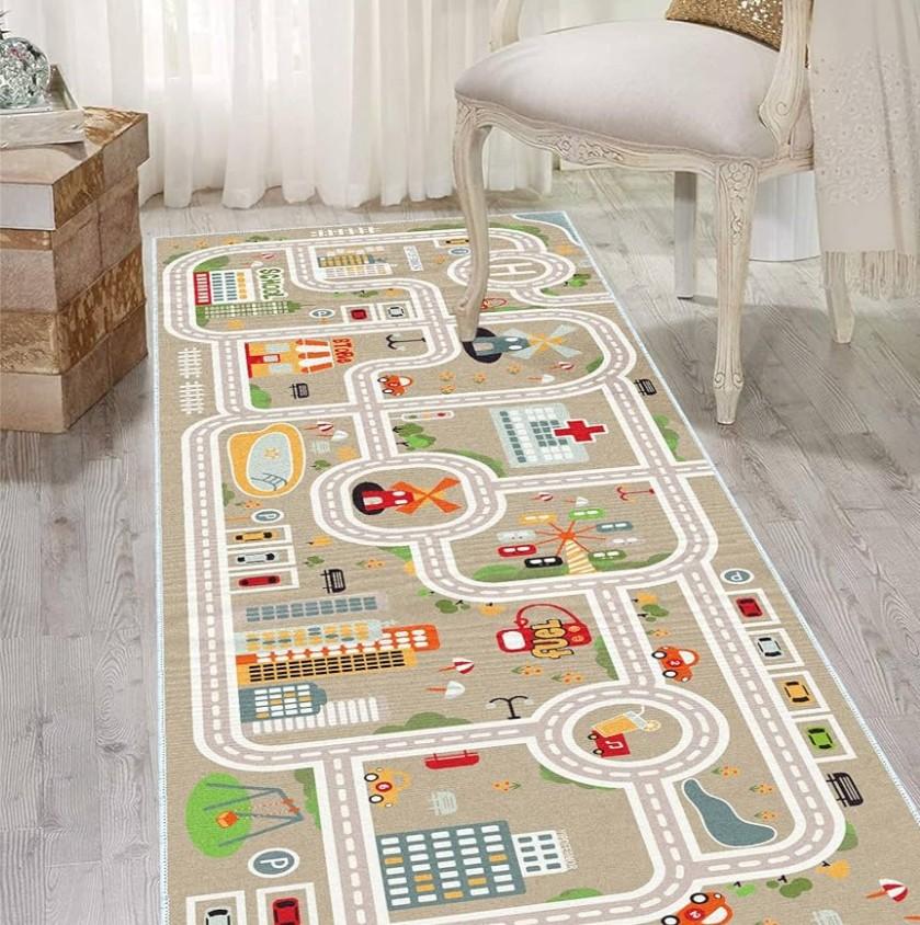 Kids Car Train Rug, 2' x 6' Boys Play Carpet, Floor Mat Playmat for Playroom Bedroom Kids Toddler Room，Non Slip Rug Backing (Grey, 2' x 6')