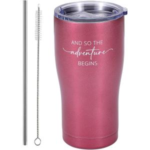 And so the Adventure Begins Tumbler for Graduation, New Job Coffee Travel Mug - Vacuum Insulated Stainless Steel Cup with Straw for Going Away Gifts (Rose Gold)