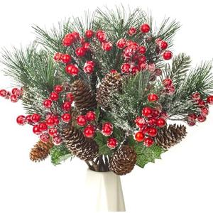 Grunyia 10 Pack Artificial Pine Branches Fake Greenery Pine Picks Artificial Red Berry Stems Christmas Pine Needles for Garland Wreath Christmas and Home Garden Decor