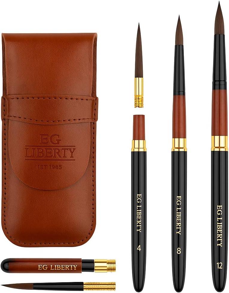 3-Piece Synthetic Pony Hair Watercolor Brush Set with Brown Leather Case, Screw-Apart Travel Brushes for Artists, Students, Professionals