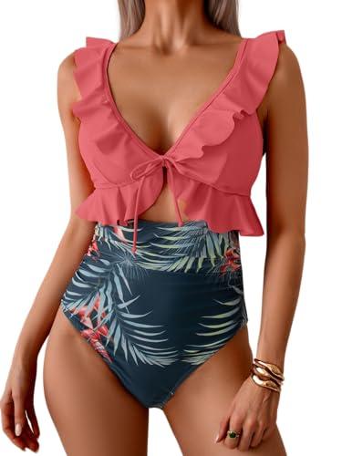 Eomenie One Piece Swimsuit for Women Tummy Control Ruffle Bathing Suit V Neck Ruched Swim Suit Slimming Cutout Swimwear XL