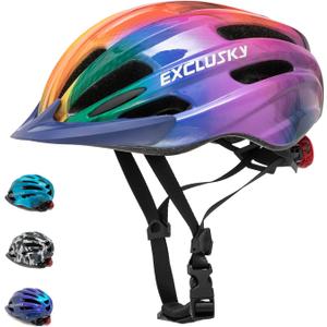 Exclusky Kids Bike Helmet with LED Light  Adjustable Multi-Sport Youth Helmet for Boys & Girls, Ages 5-12, Fits 50-57cm, Cycling Safety Gear (One Size, COLORFUL)
