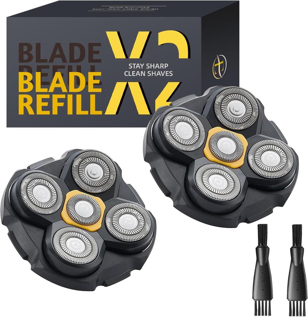 Replacement Heads Compatible with Microtouch Titanium Head Shaver - 5D Stainless Steel Blades for Wet Dry Bald Shaving, Waterproof, Includes 2 Cleaning Brushes (2 Pack)