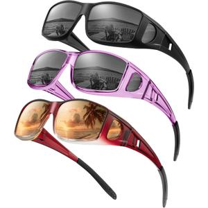 KALIYADI Sunglasses Fit-Over-Glasses Polarized Sunglasses-Men: Wrap Around Sun glasses Womens with UV Protection for Driving (B-matte Black/Grey + Transparent Purple/Grey + Gradient Wine Red/Brown)