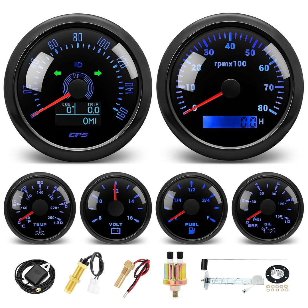 MH 6 Boat AUTO Gauge Set - 3-3/8" GPS Speedometer, Tachometer, 2-1/16" Oil Pressure, Fuel Level, Water Temperature, Voltmeter Marine Meter Kit Waterproof 7 Color (Black)