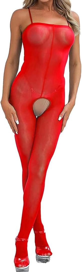 Women's Bodysuits Pantyhose Bodystocking Ultra Shimmery Stretch Toe to Bust Crotchless Body Stocking Lingerie (Red)