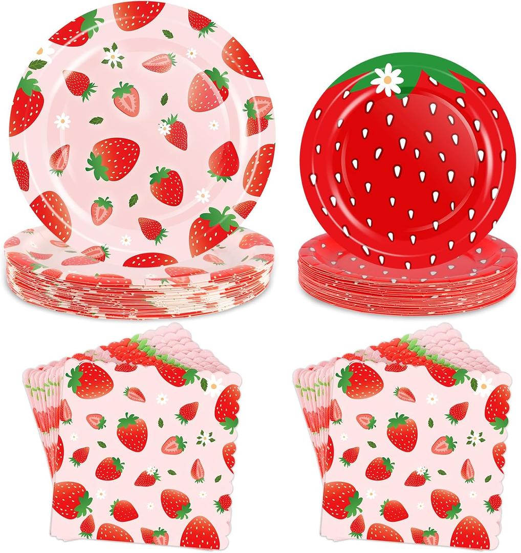 OuMuaMua Strawberry Birthday Decorations, 75 Pcs Disposable Fruit Paper Plates and Napkins Tableware Set for Summer Sweet One 1st Baby Shower Berry First Strawberry Themed Party Supplies, Serves 25