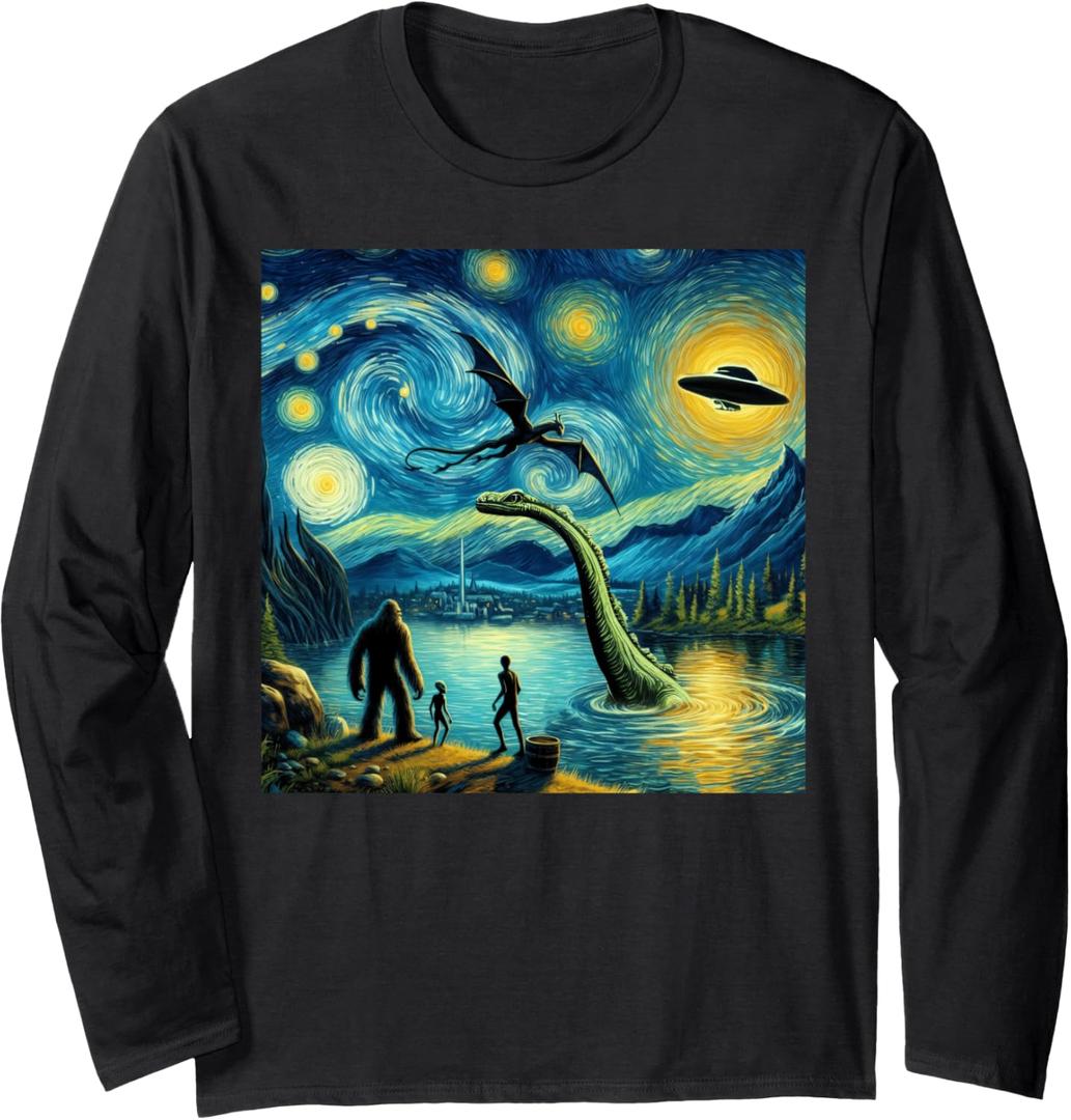 bigfoot starry night loch Ness alien UFO dragon cute lake Long Sleeve T-Shirt (Small, Black)