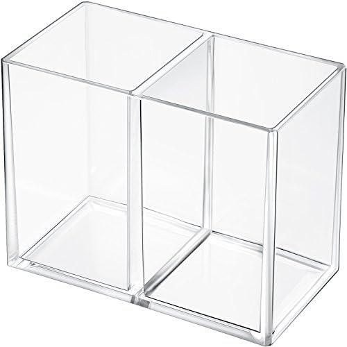 Gejoy Acrylic Pencil Pen Holder Clear Makeup Brush Organizer 2 Compartments for Desktop Stationery Office Bedroom