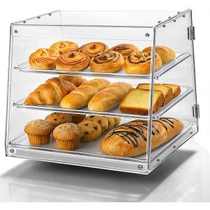 Joymaney 3 Tier Pastry Display Case | Countertop Bakery Display with Secure Magnetic Doors, Helps Keep Cakes & Desserts Fresh, Clear Acrylic, Sturdy No-Flex Design for Cafes & Home Use