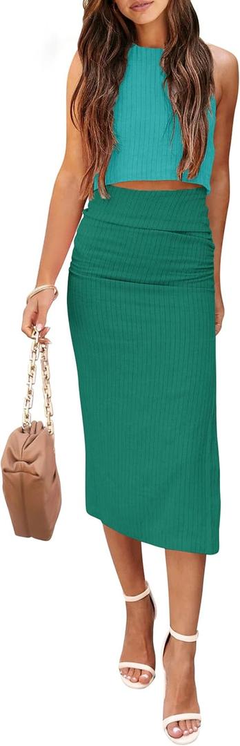 PRETTYGARDEN Women's 2 Piece Summer Outfits Crewneck Tank Tops Split Bodycon Midi Skirt Set (Medium, Light Green_green)
