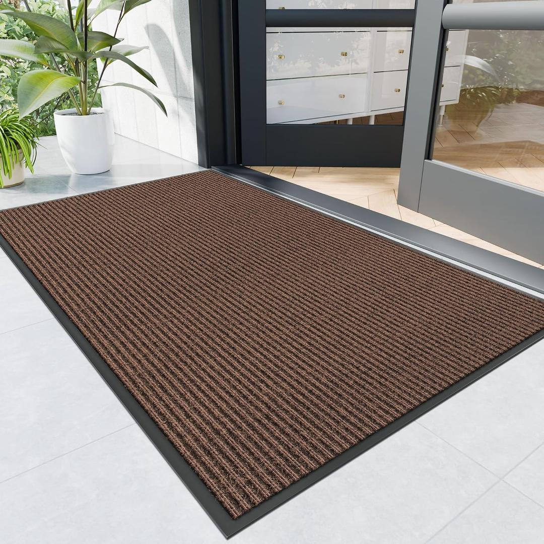 Front Door Mat, 4' x 3' Heavy Duty Indoor Outdoor Door Mat Entrance, Commercial Welcome Mats, Stain and Fade Resistant, Durable Rubber Backing, Low Profile Entry Mat for Patio, Brown Stripe