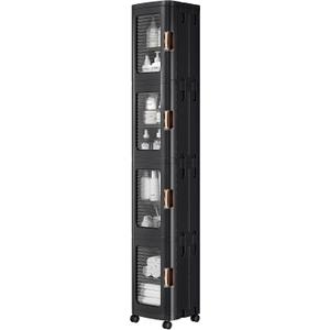 VECELO 4-Tier Narrow Storage Cabinet with Wheels, Black, 9.6 x 11.2 x 65.4 In