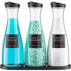 3 Pack Laundry Detergent Dispenser Container with Tray, 54OZ Liquid Laundry Soap Dispenser with 12 Labels, Black Laundry Room Organization for Powder, and Fabric Softener